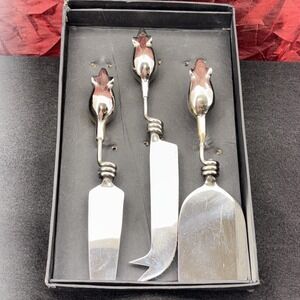 Wisteria Stainless Steel & Metal Mouse Handle Cheese Knife 3 Pc Set Orig Box